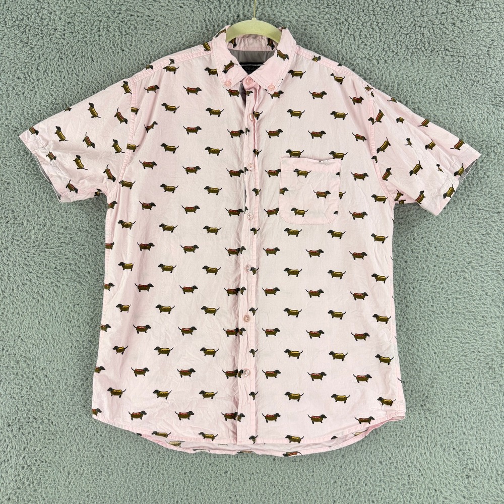 Creative Destruction Shirt Men M Pink Dachshund Wiener Dog Hot Dog AOP Button Up